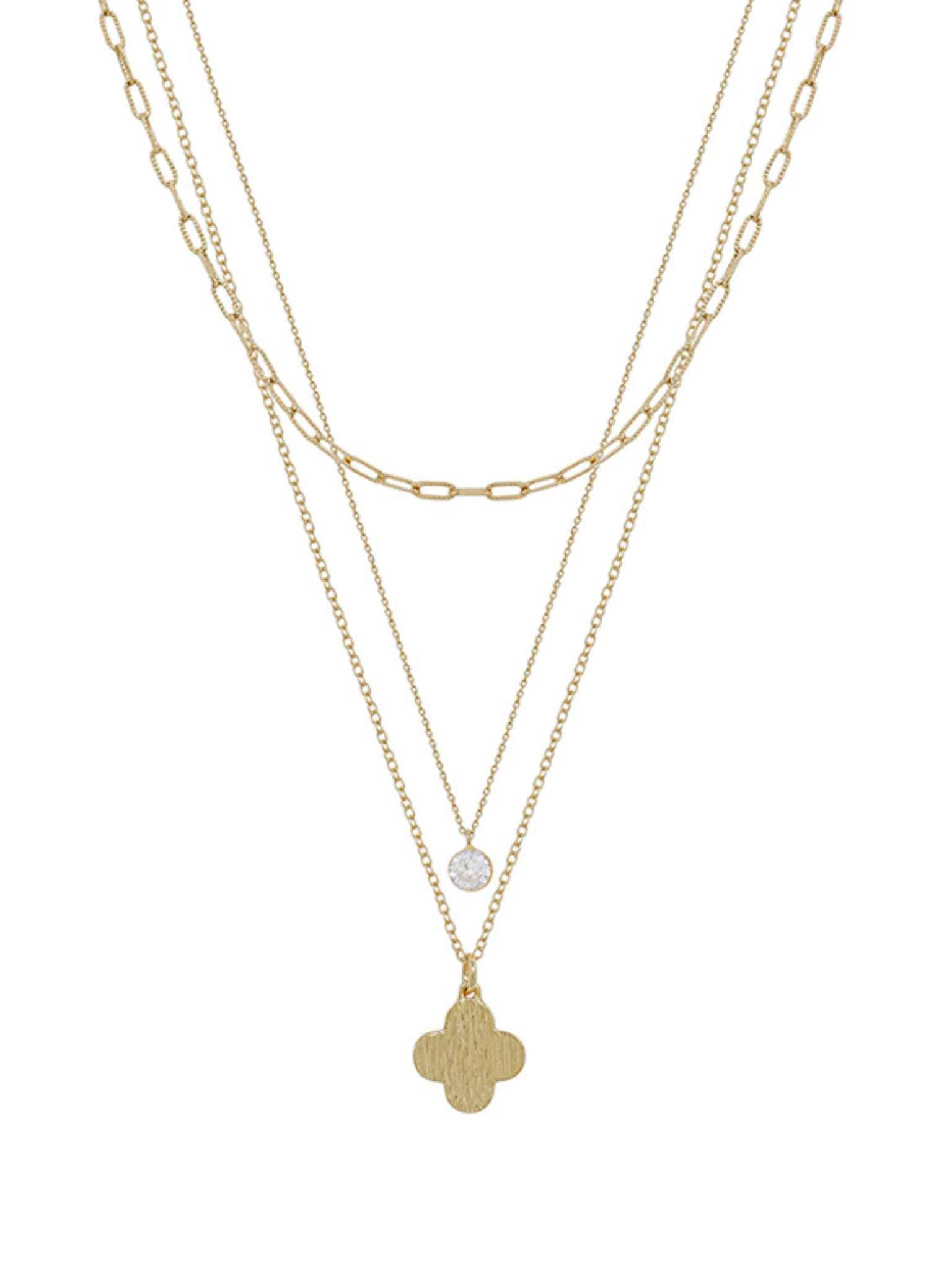 Clover & Crystal Charm 3 Layer Short Necklace