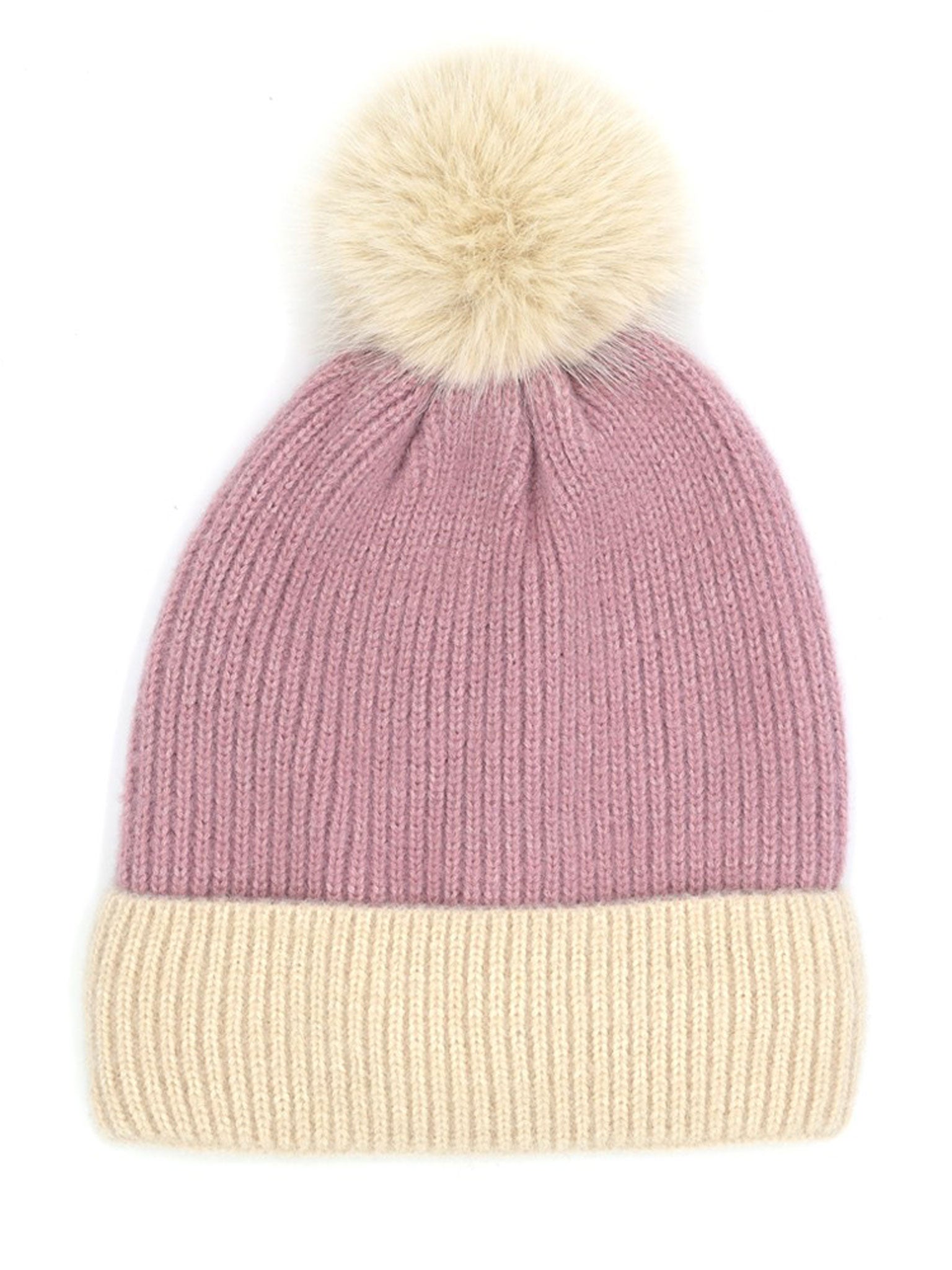 Two Tone Knit Pom Pom Beanie