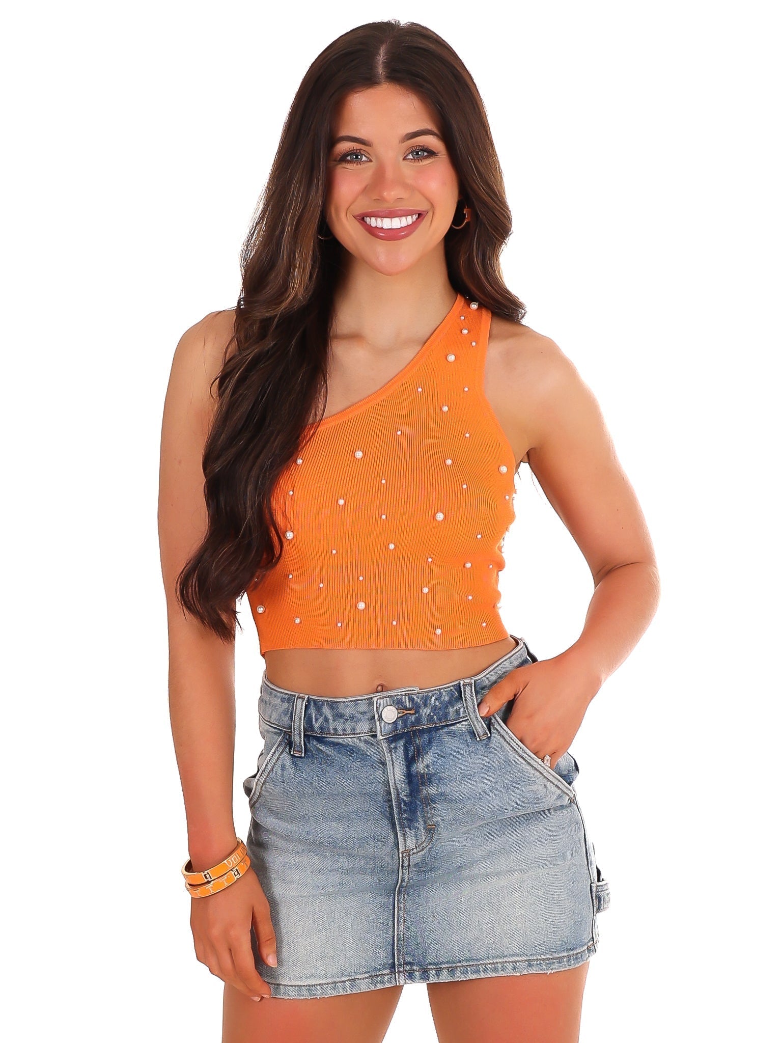 Through the T One Shoulder Pearl Crop Top