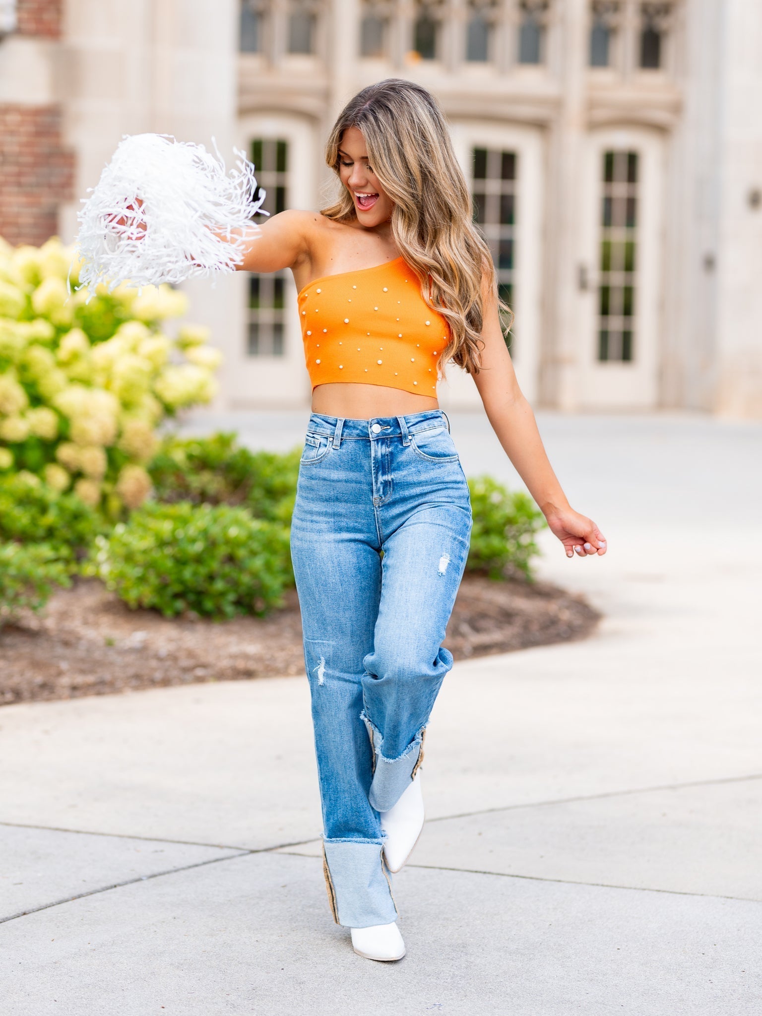 Through the T One Shoulder Pearl Crop Top