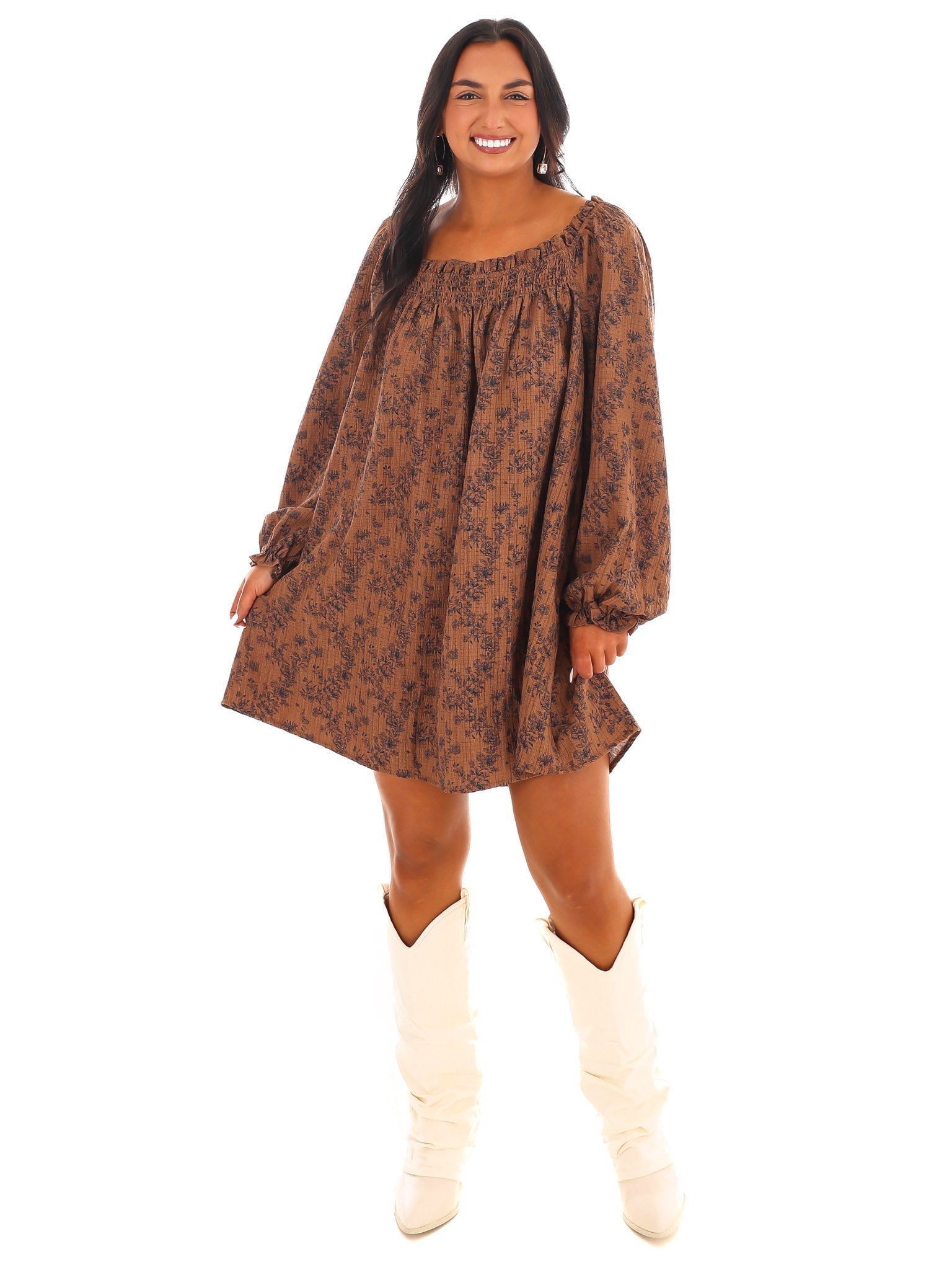 Waffle Bloom Square Neck Mini Dress