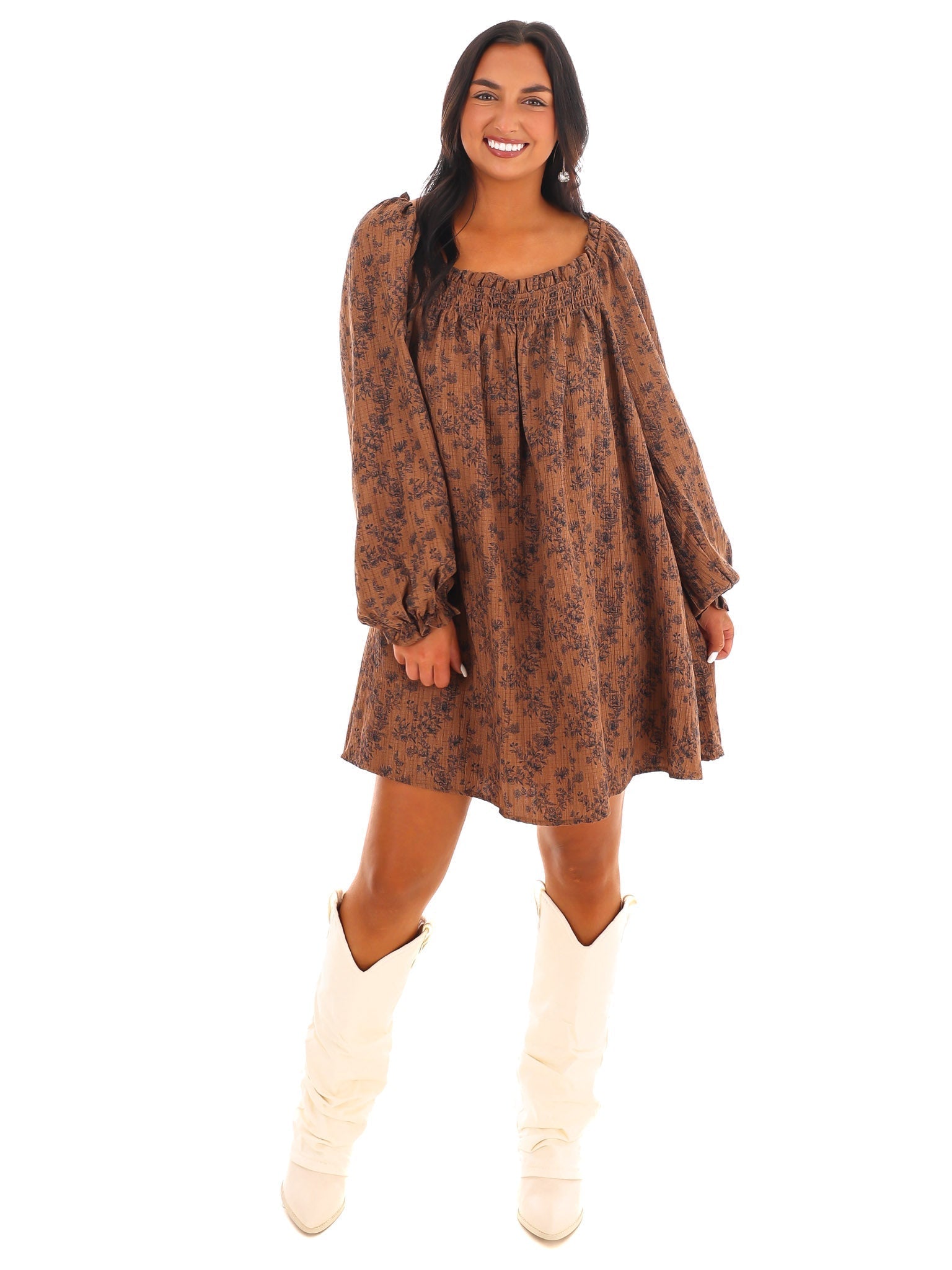 Waffle Bloom Square Neck Mini Dress