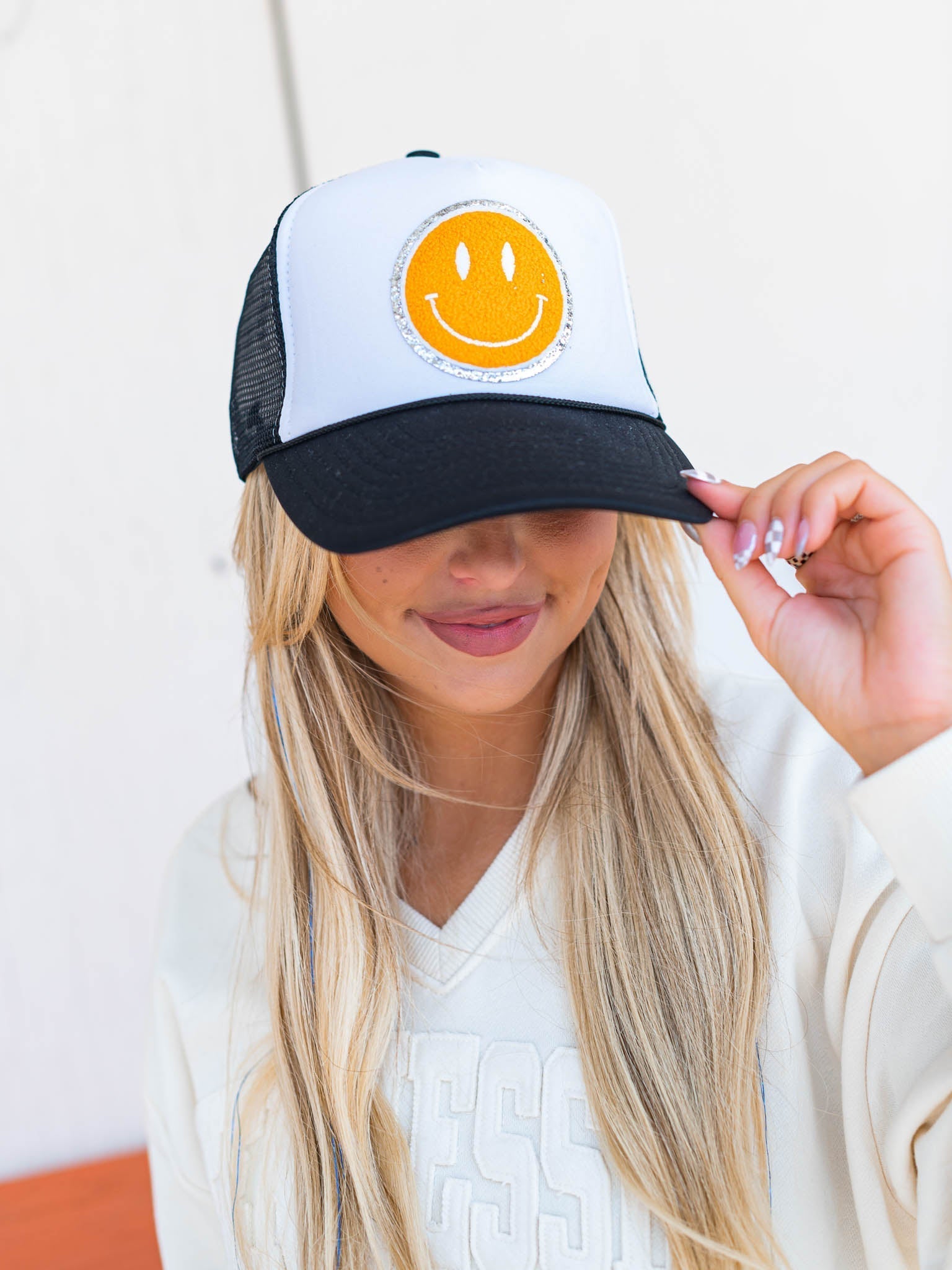 Chenille Smiley Trucker Hat