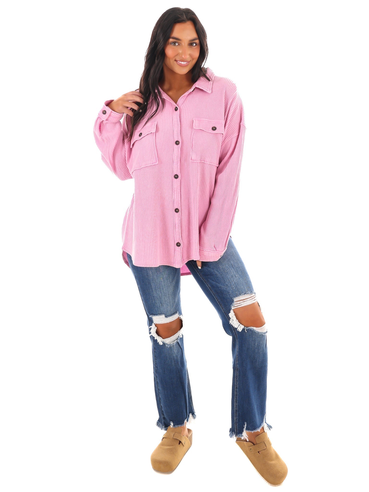 Chilly Days Waffle Knit Button Up Top