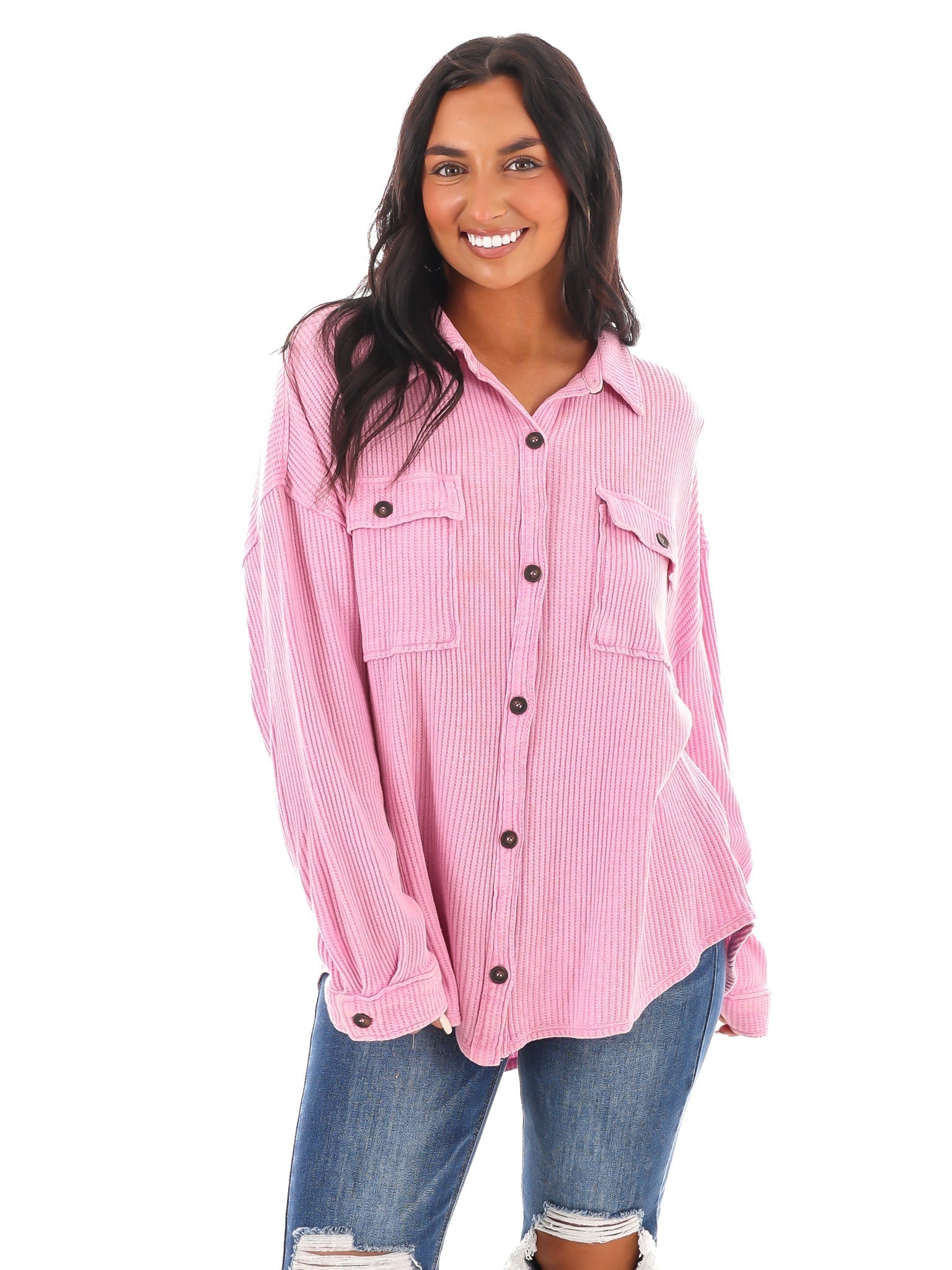 Chilly Days Waffle Knit Button Up Top