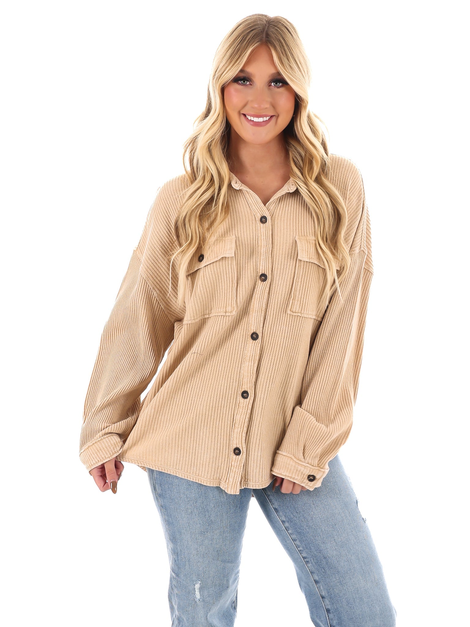 Chilly Days Waffle Knit Button Up Top