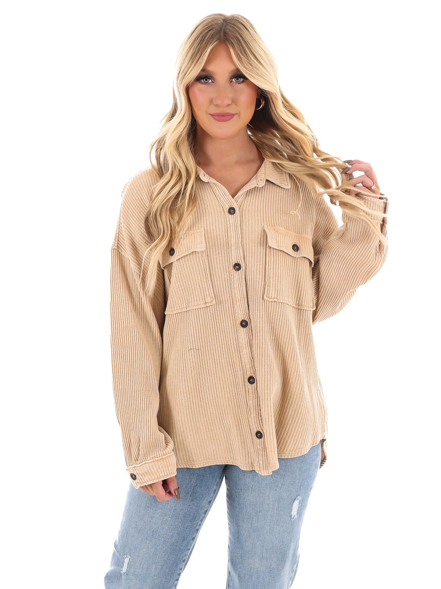 Chilly Days Waffle Knit Button Up Top