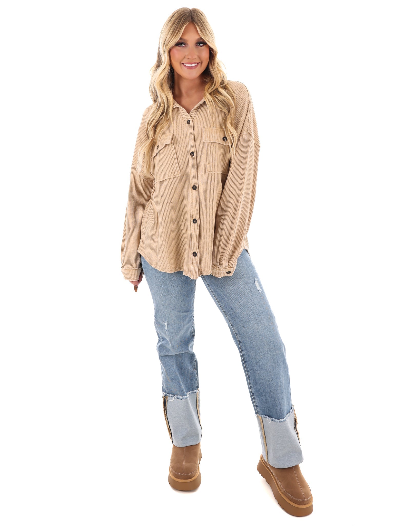 Chilly Days Waffle Knit Button Up Top