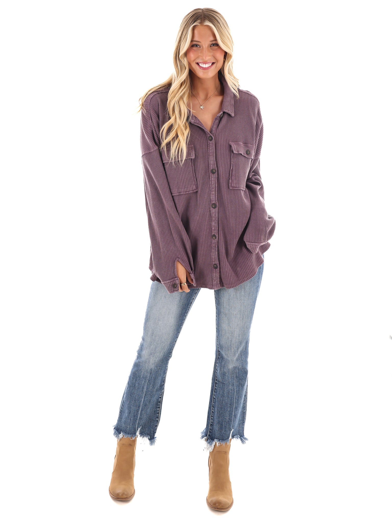 Chilly Days Waffle Knit Button Up Top