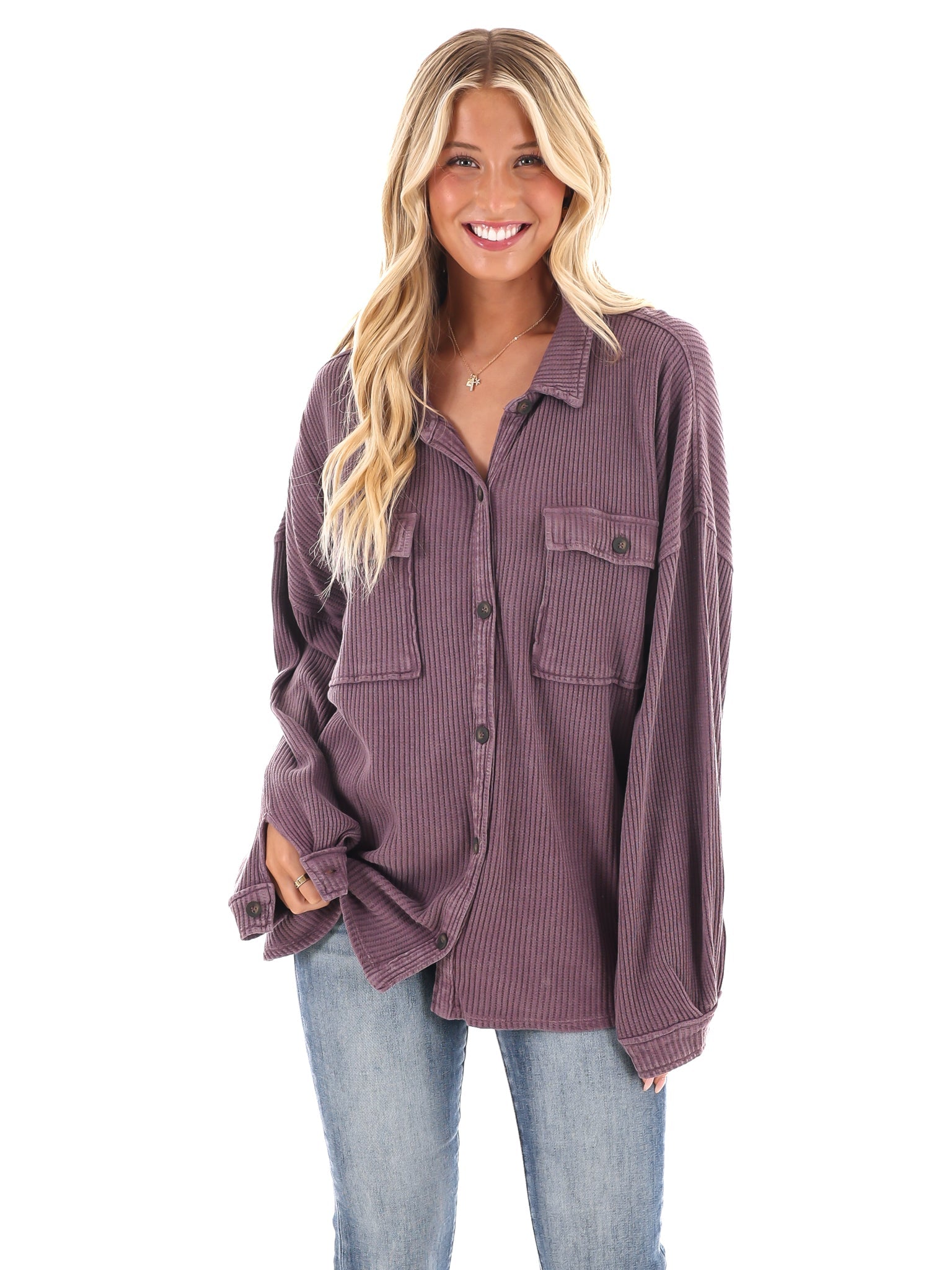 Chilly Days Waffle Knit Button Up Top