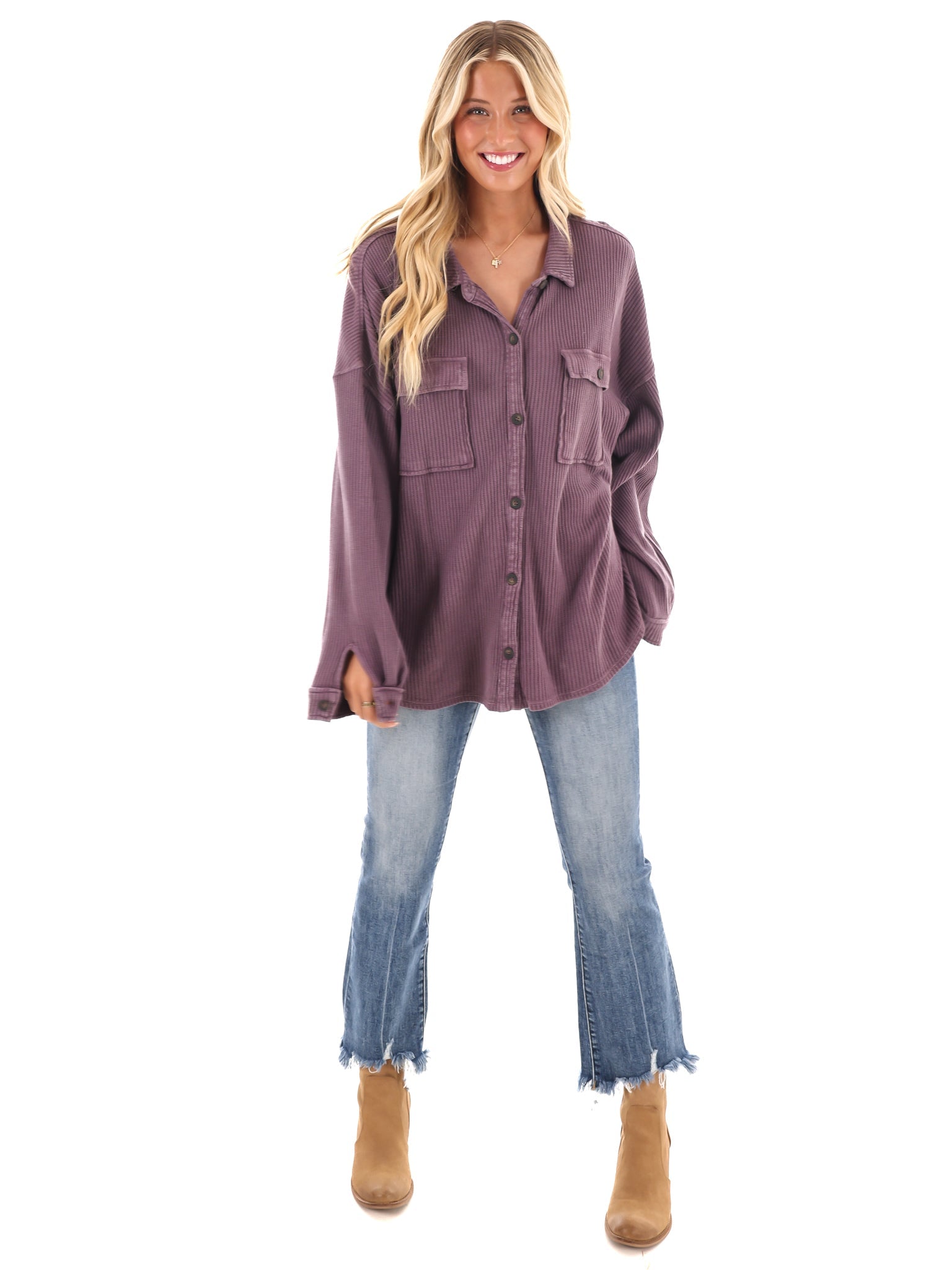 Chilly Days Waffle Knit Button Up Top