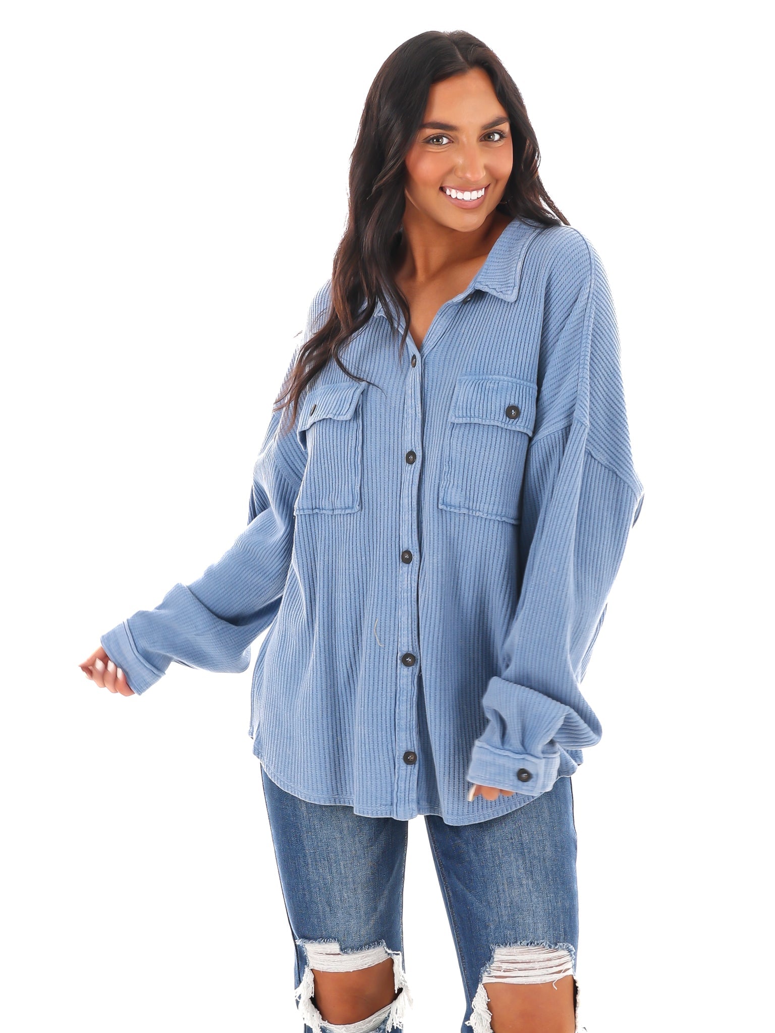 Chilly Days Waffle Knit Button Up Top