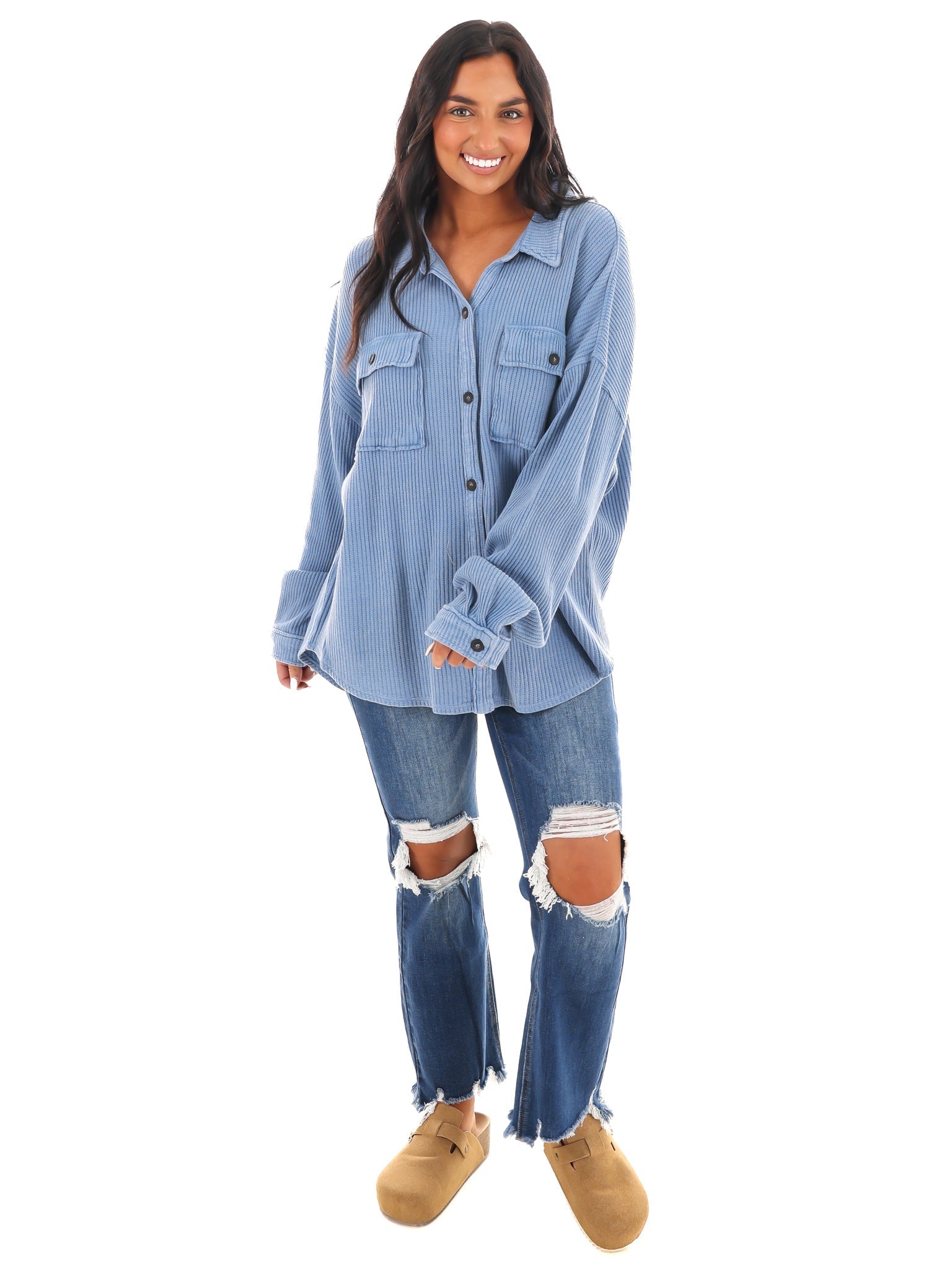 Chilly Days Waffle Knit Button Up Top