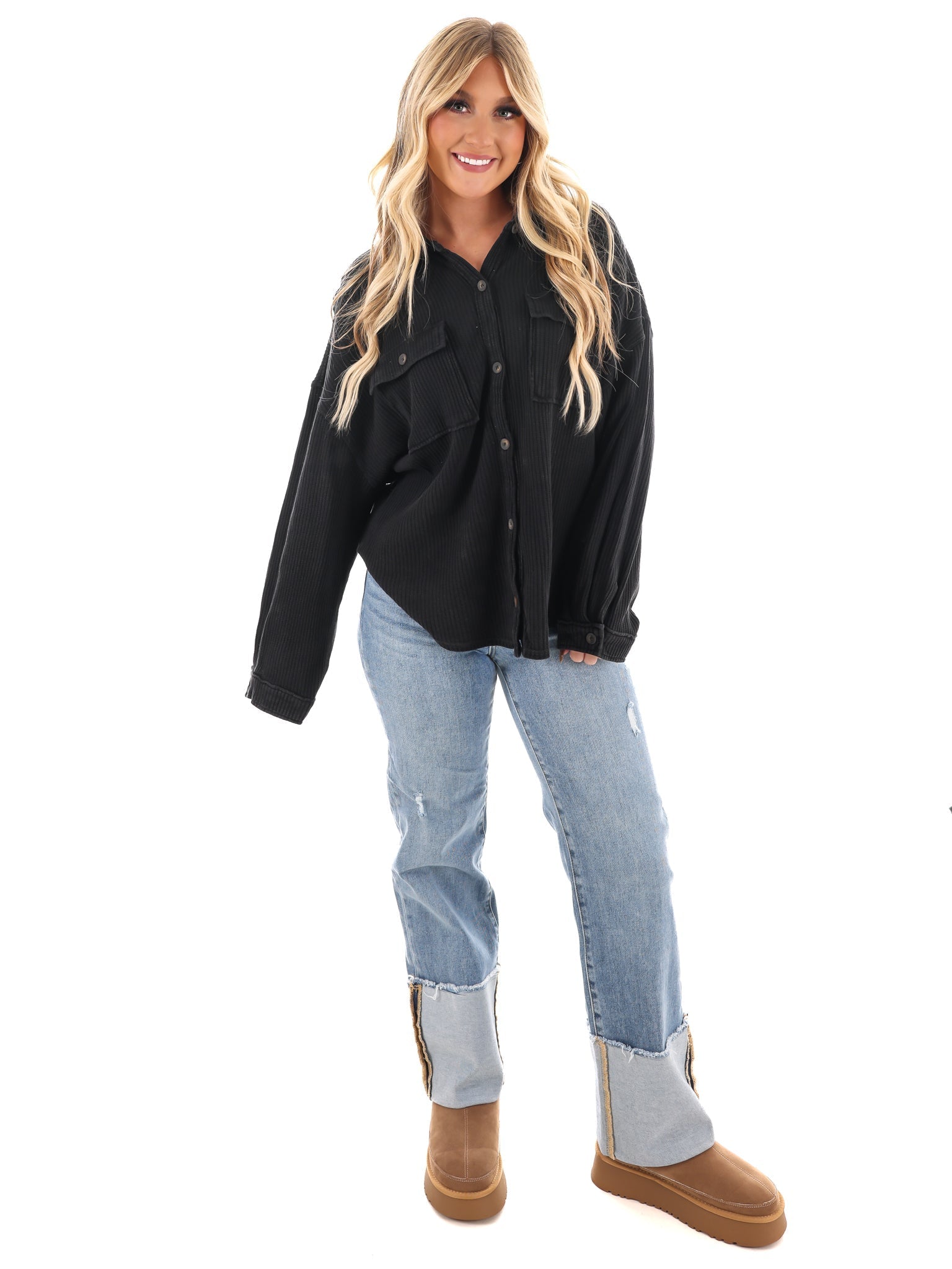 Chilly Days Waffle Knit Button Up Top