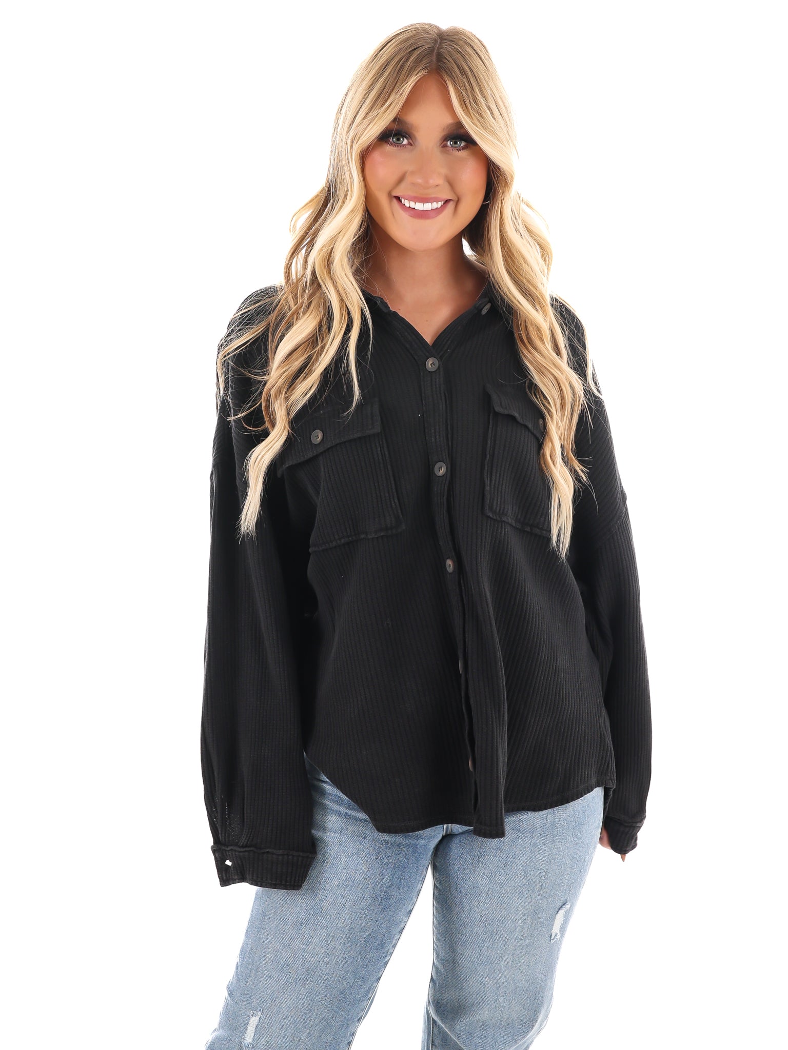 Chilly Days Waffle Knit Button Up Top