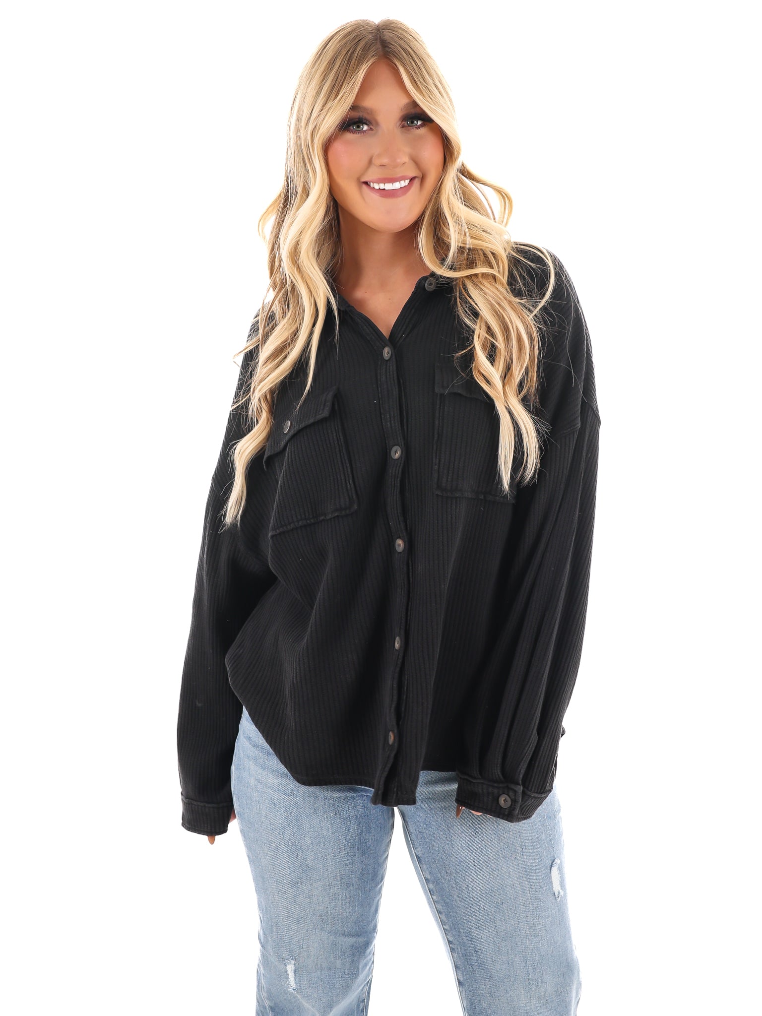 Chilly Days Waffle Knit Button Up Top