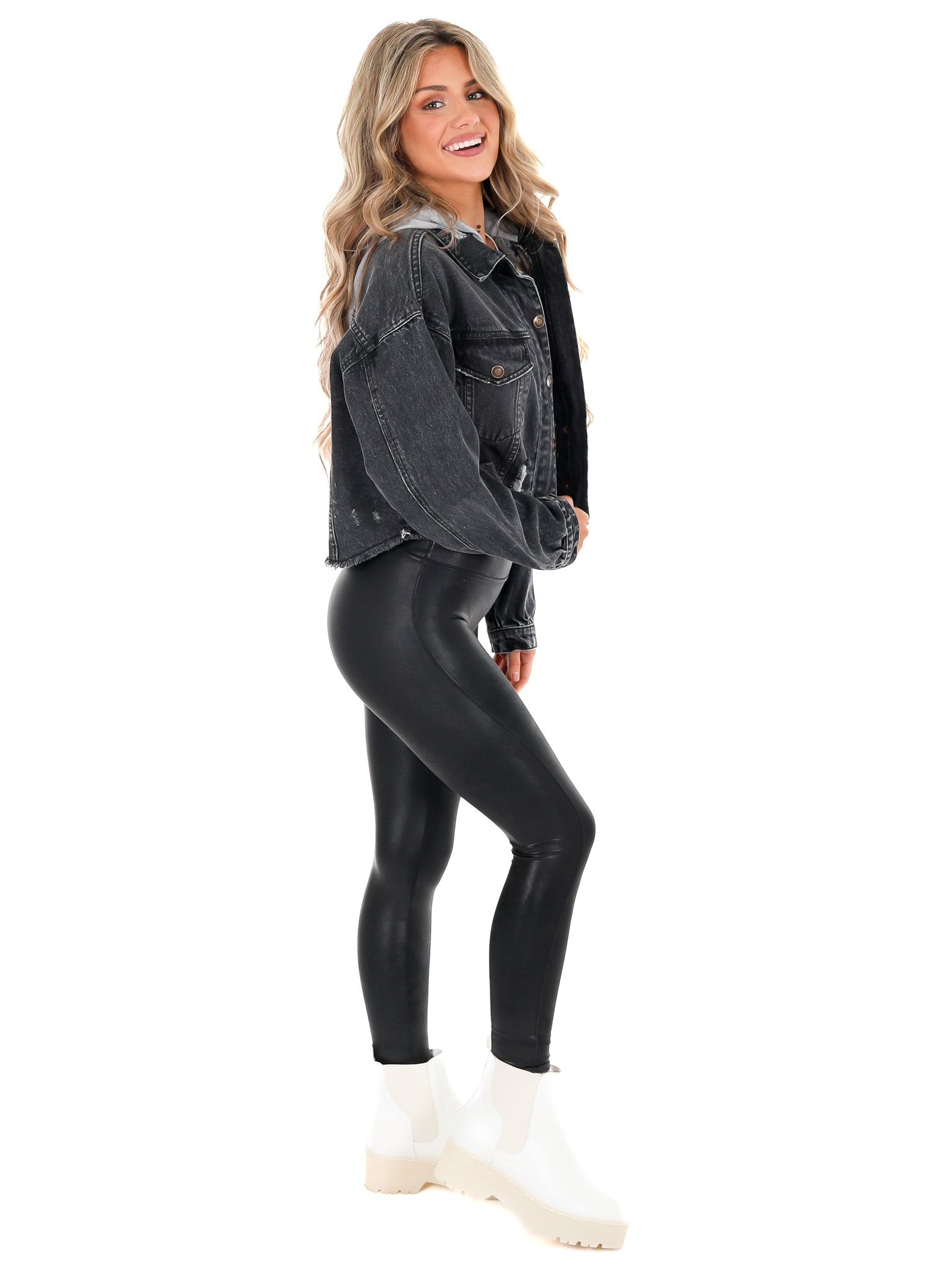 White Tri-Star Black Cropped Denim Hoodie Jacket