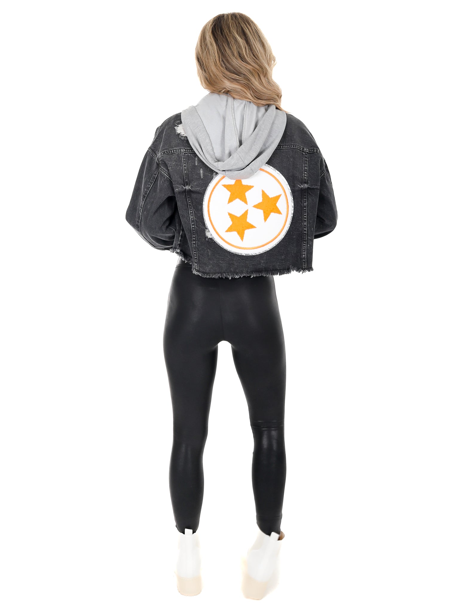 White Tri-Star Black Cropped Denim Hoodie Jacket