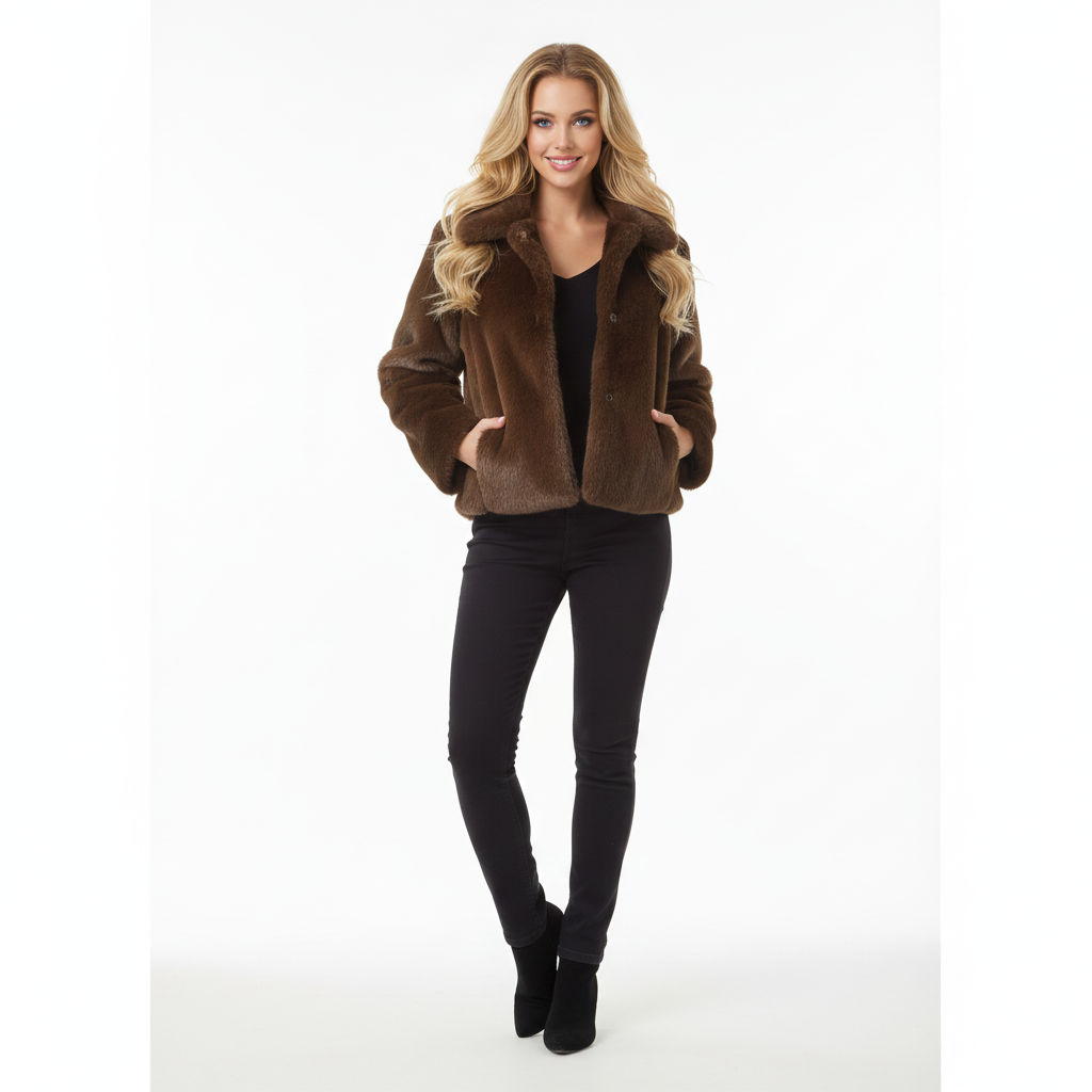 Loose Lapel Button Embellished Brown Long-Sleeved Jacket for Women’s Autumn and Winter Collection