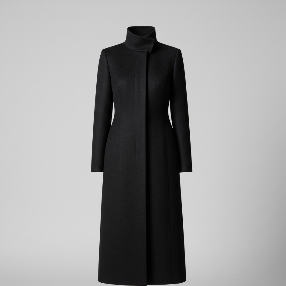 Elegant Black Long Coat with High Collar