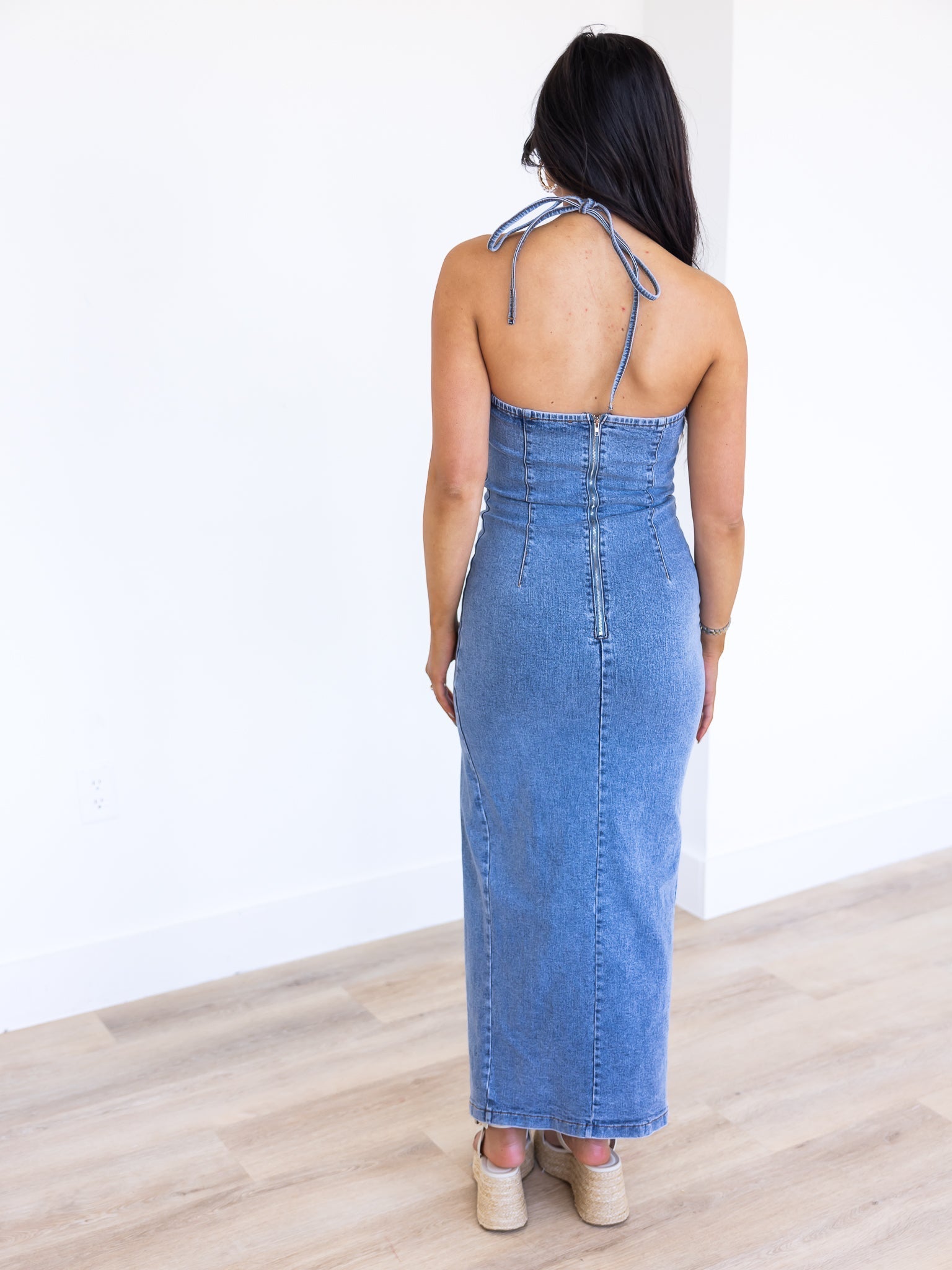 Perfect Day Halter Denim Maxi Dress