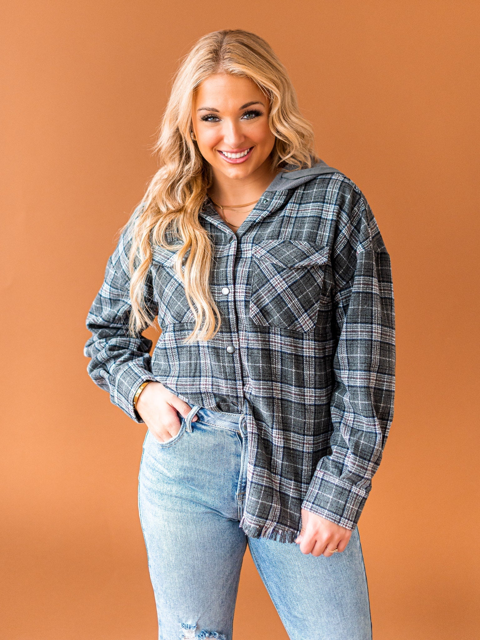 Worth Your While Hooded Plaid Top