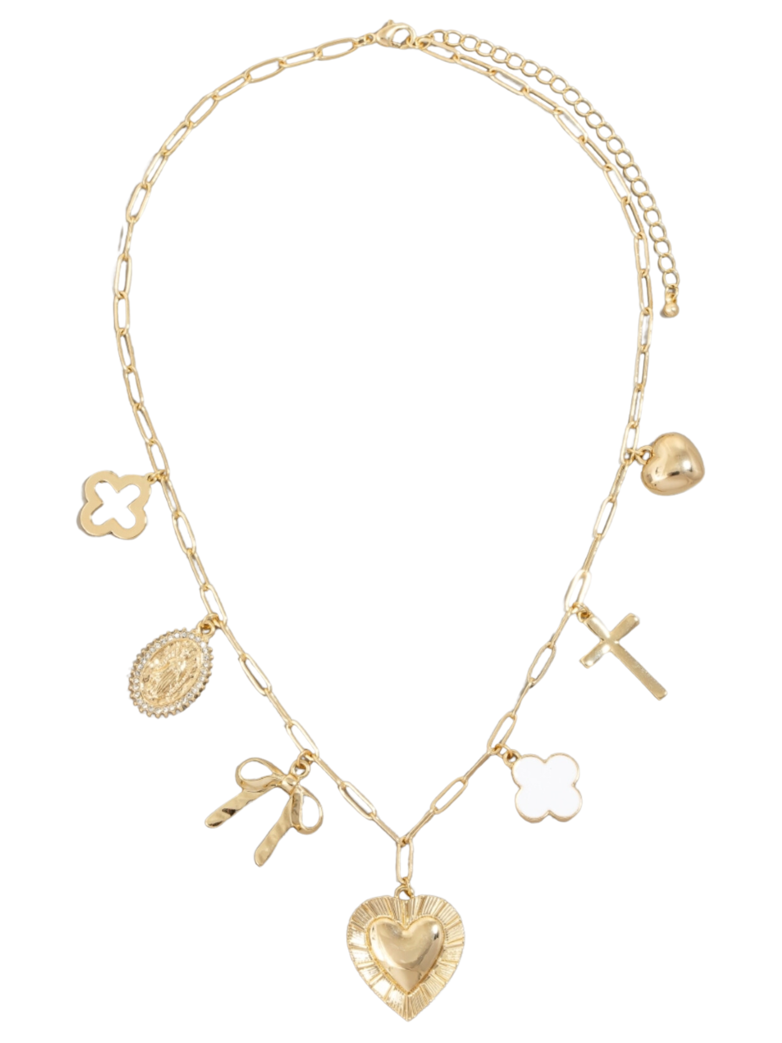 7 Charm Clover Heart Cross Ribbon Necklace