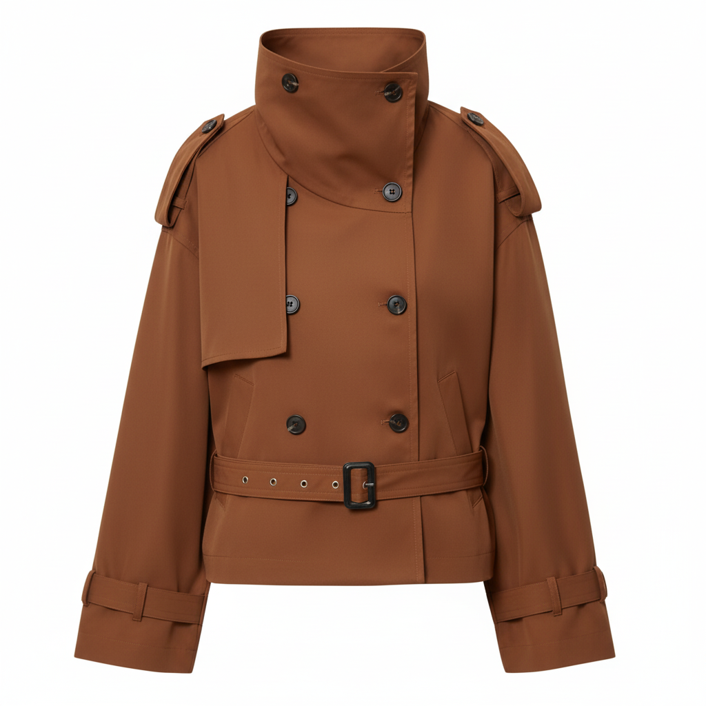 Luxury Beige High-Neck Double-Breasted Trench Jacket – Premium Short Belted Outerwear