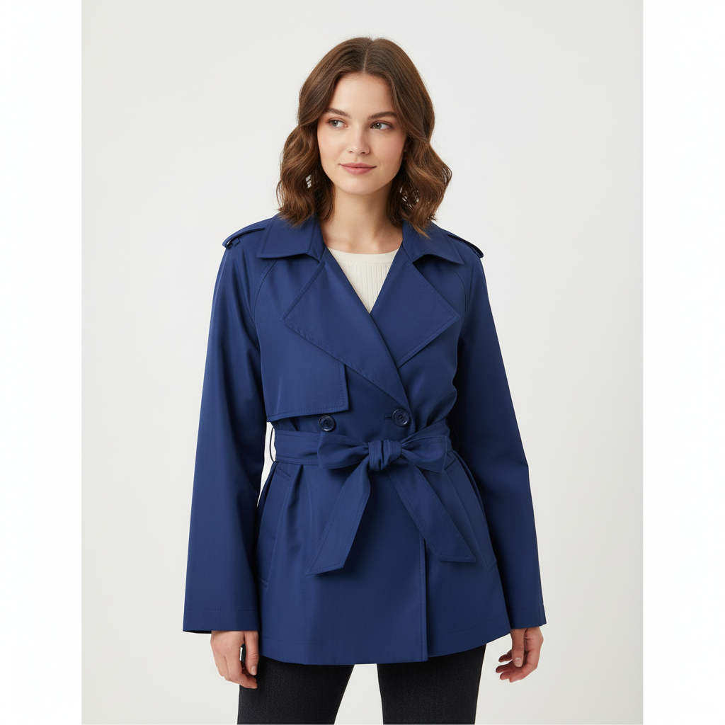 Premium Navy Blue Women’s Double-Breasted Belted Trench Jacket – Elegant Lightweight Outerwear