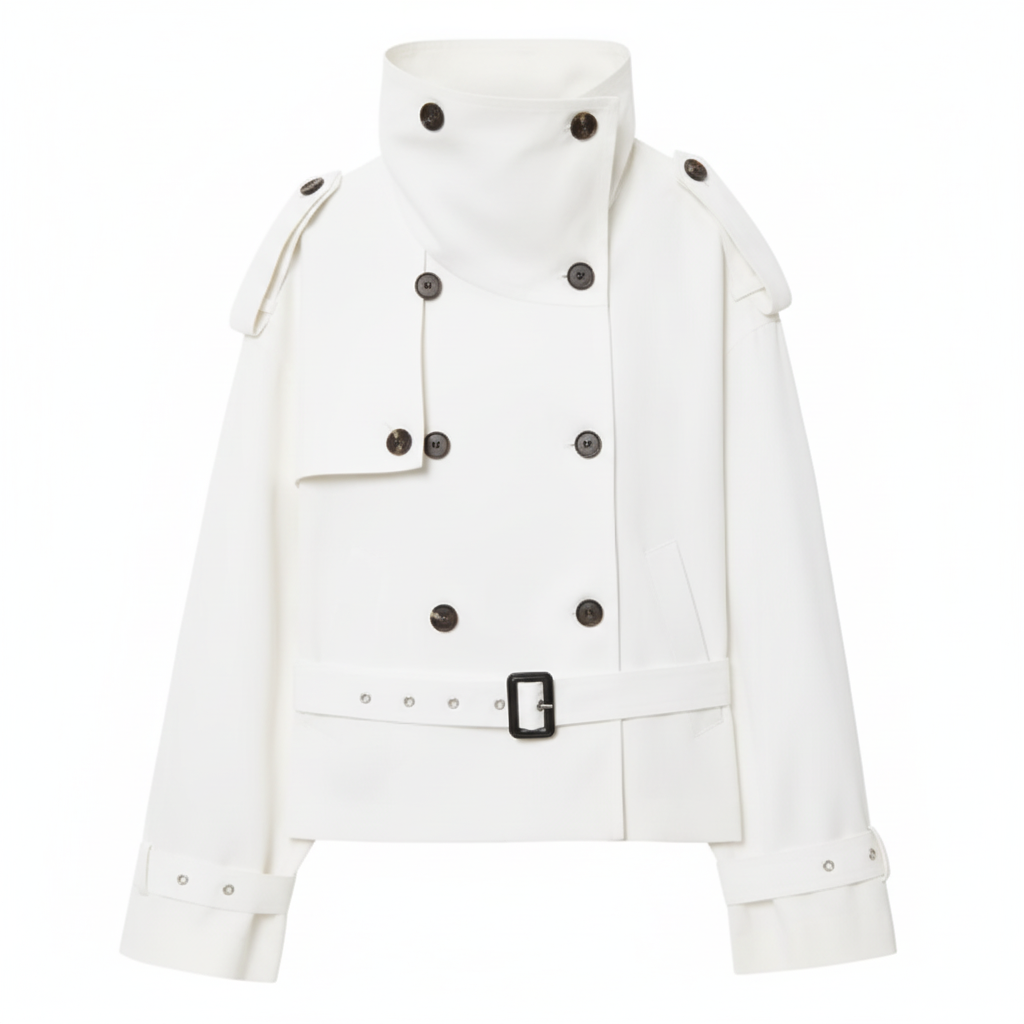 Luxury Beige High-Neck Double-Breasted Trench Jacket – Premium Short Belted Outerwear