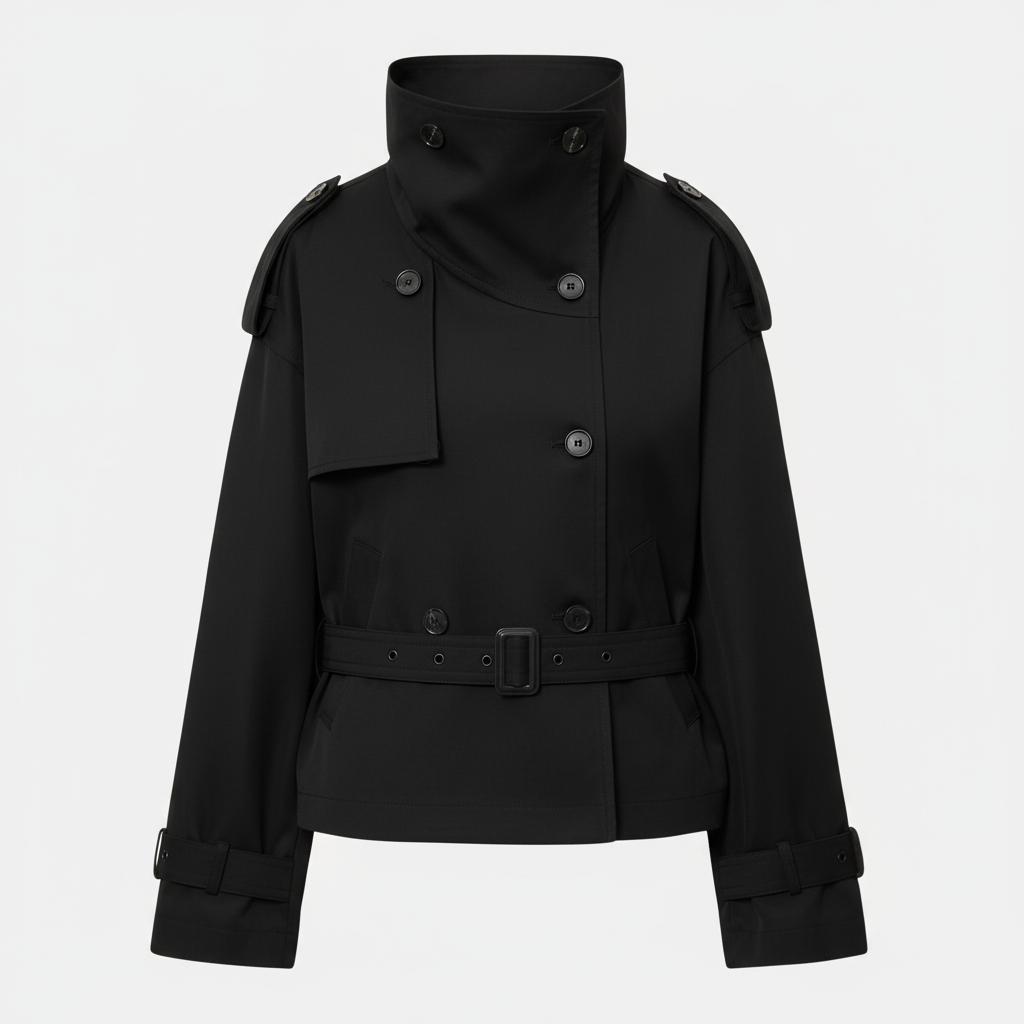 Luxury Beige High-Neck Double-Breasted Trench Jacket – Premium Short Belted Outerwear