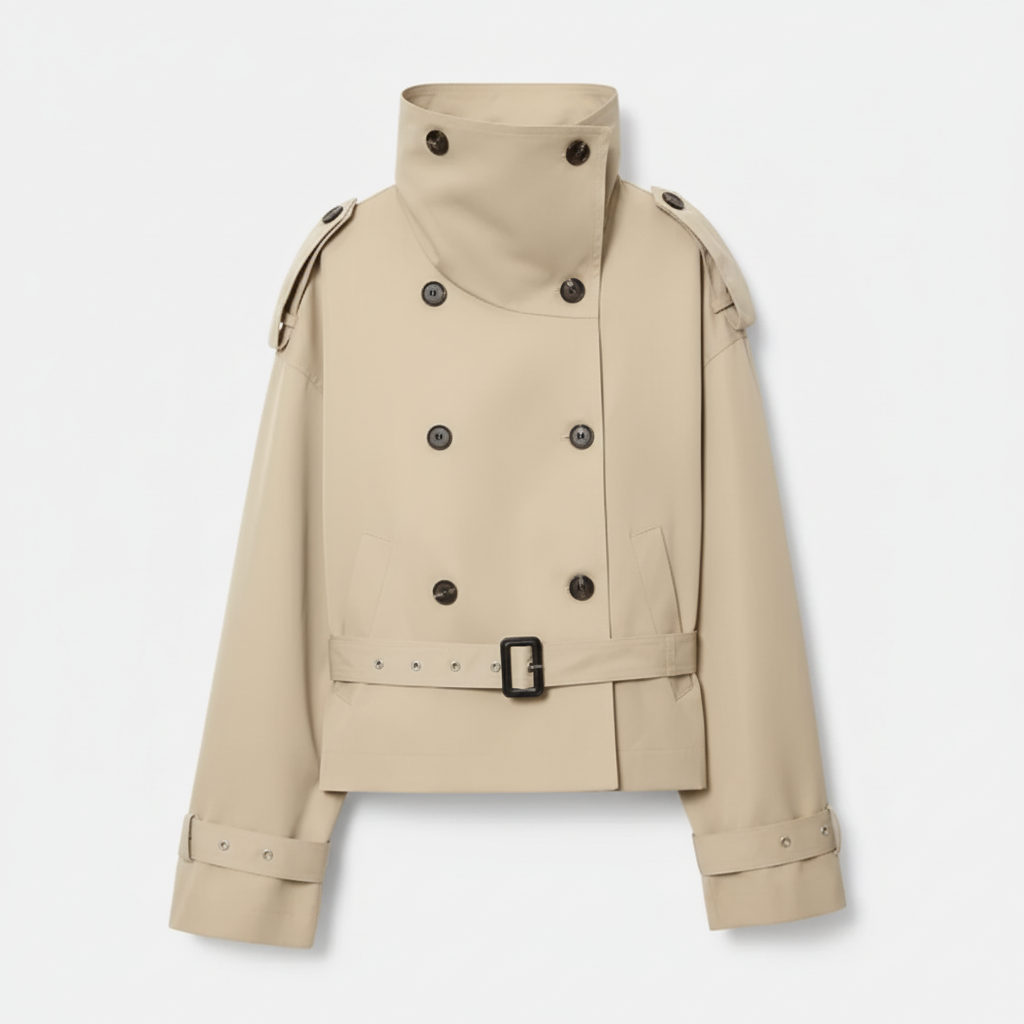 Luxury Beige High-Neck Double-Breasted Trench Jacket – Premium Short Belted Outerwear