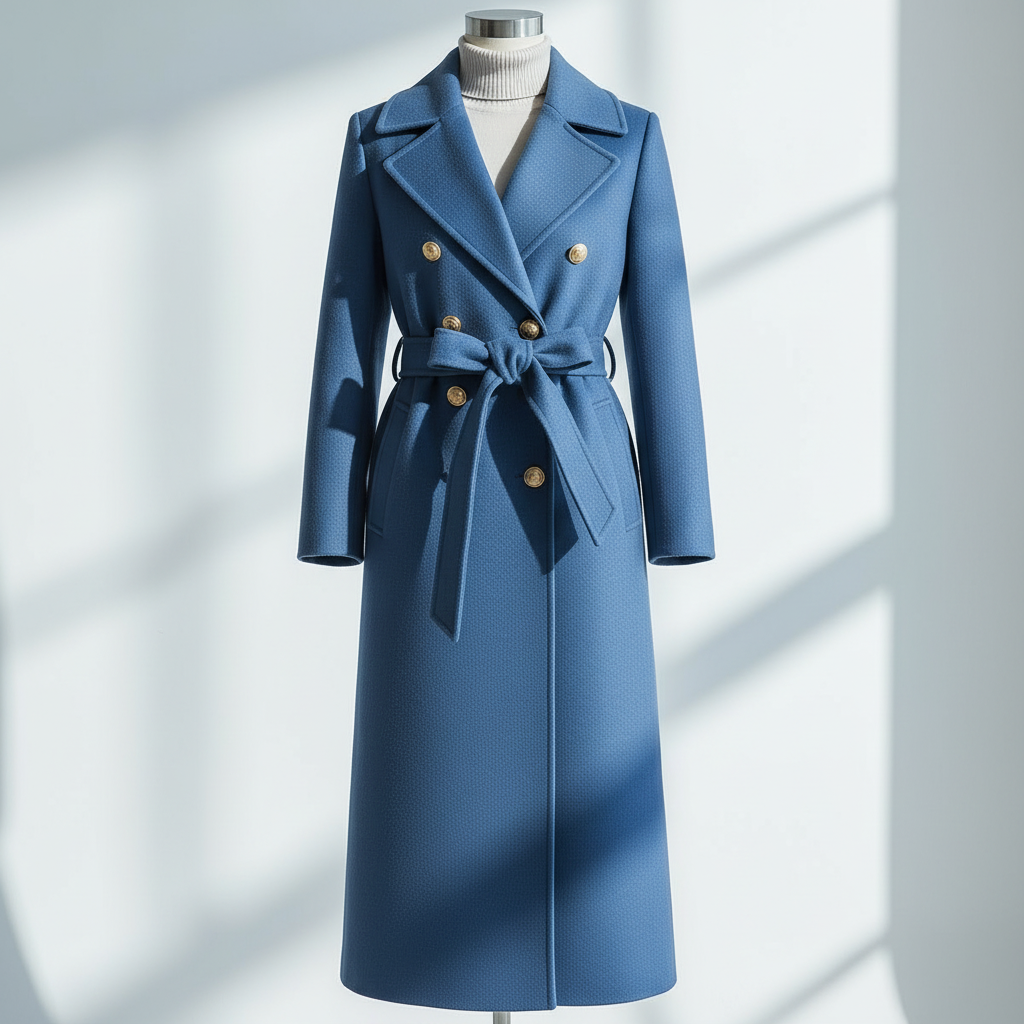 Elegant Blue Double-Breasted Coat with Belt