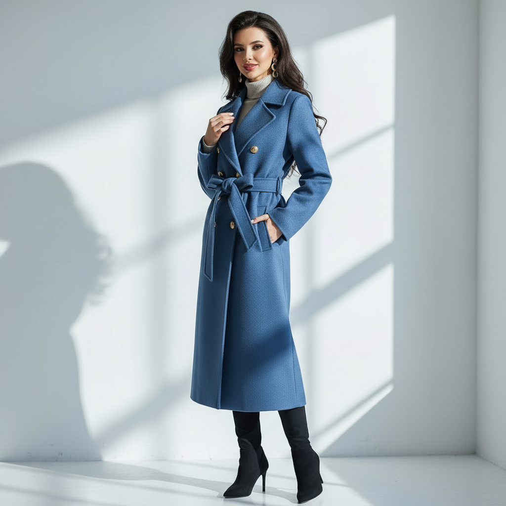 Elegant Blue Double-Breasted Coat with Belt