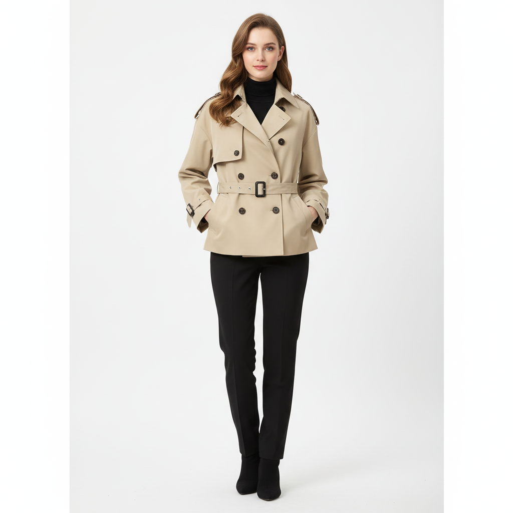 Luxury Beige High-Neck Double-Breasted Trench Jacket – Premium Short Belted Outerwear