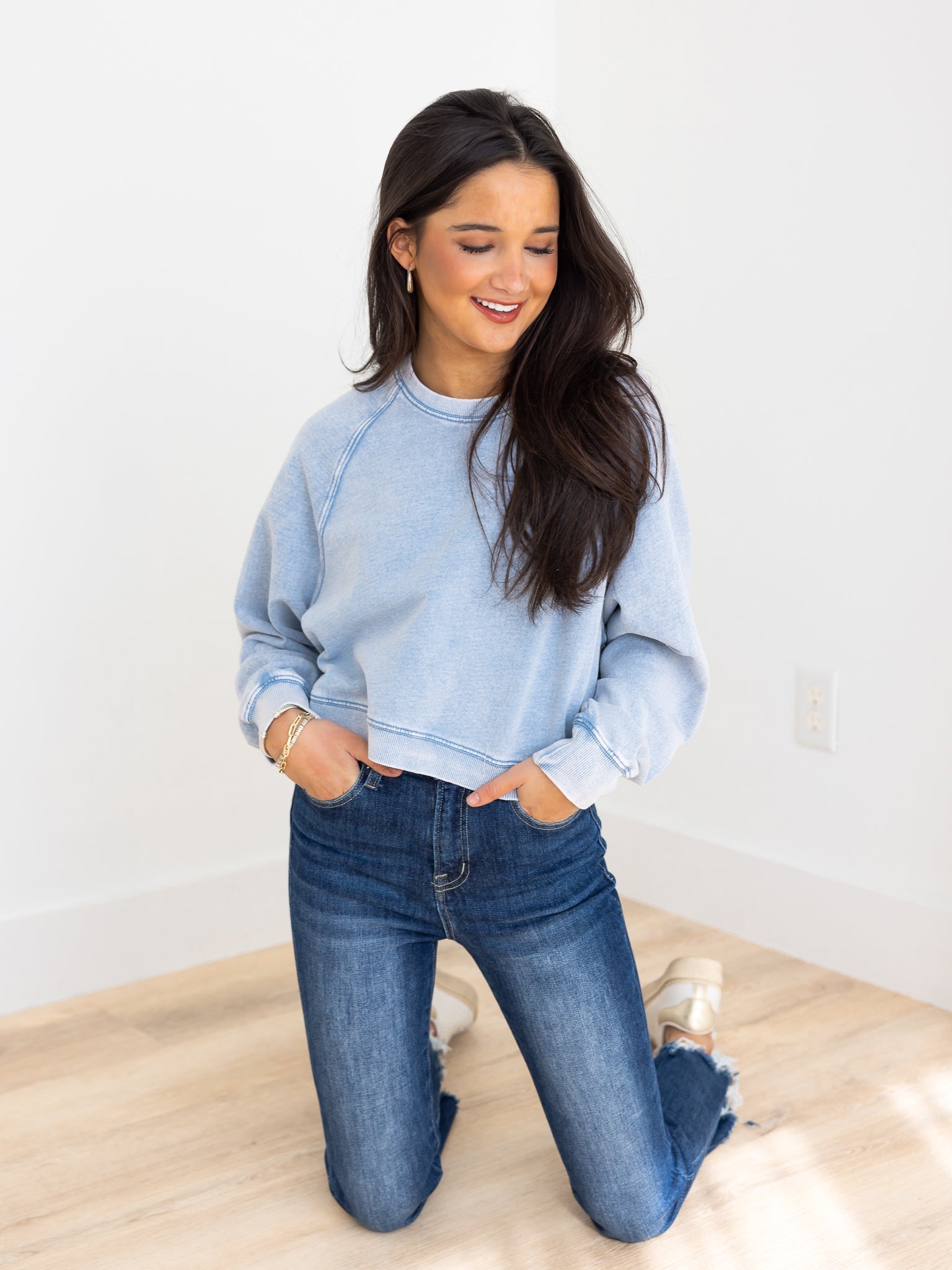 Z Supply Crop Out Knit Denim Sweatshirt