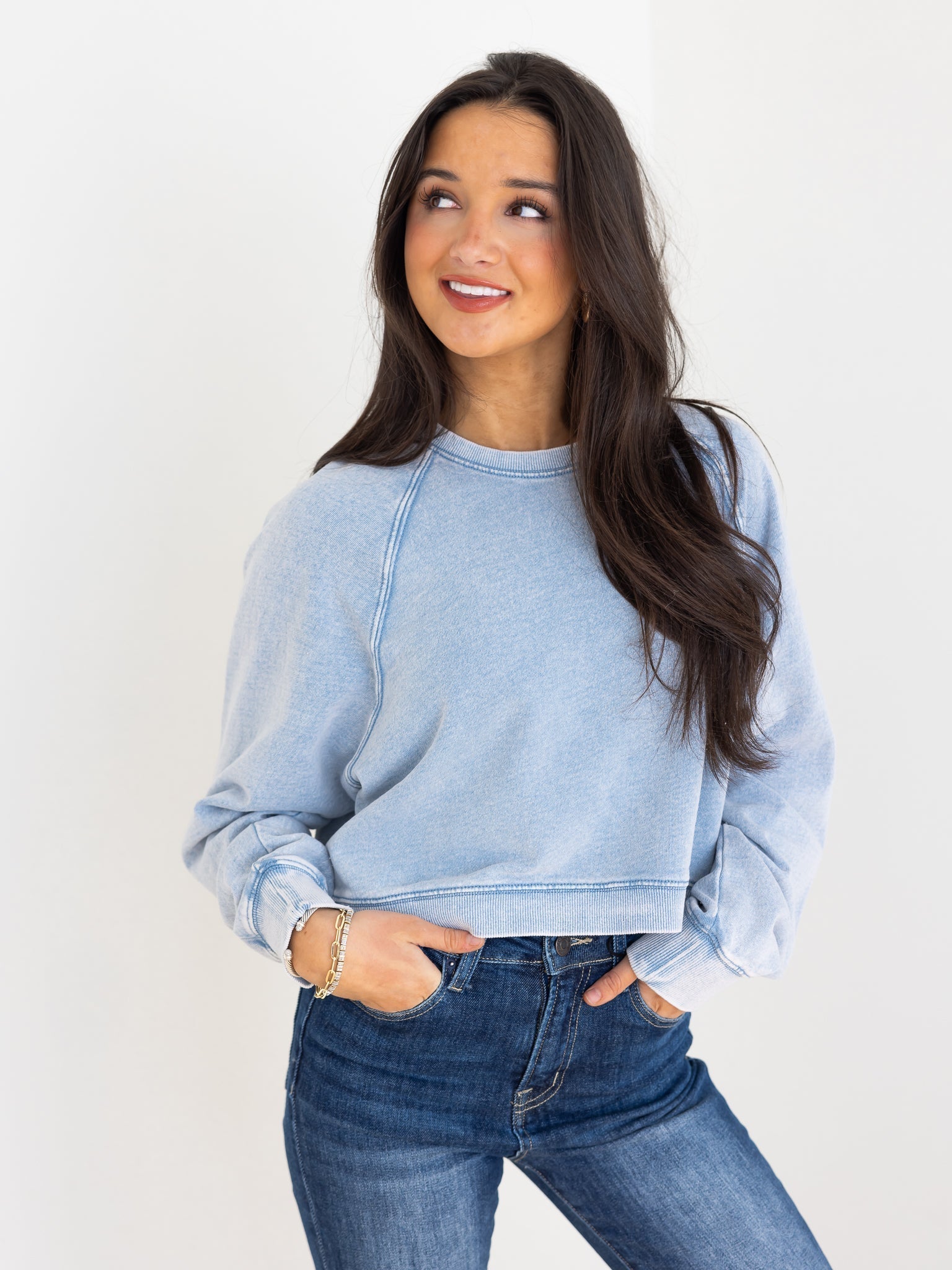 Z Supply Crop Out Knit Denim Sweatshirt